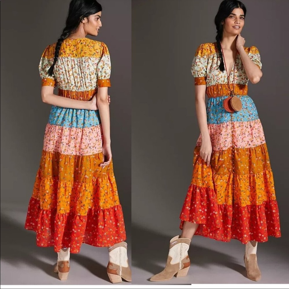 Anthropologie Multi-Color Tiered Floral Midi Dress